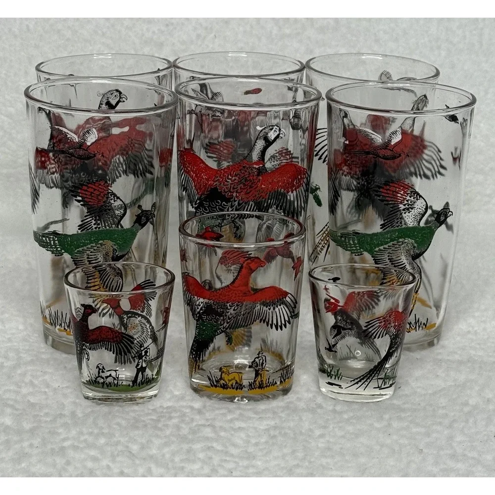 Vtg Hazel Atlas Pheasant Drinking 6 Glasses Tumblers  Shot Tumbler Red Gold 5